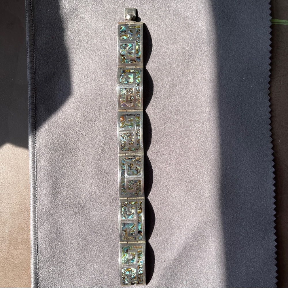 Vintage Sterling Silver Mexican Abalone Station Bracelet Greek Key Design - Picture 4 of 11